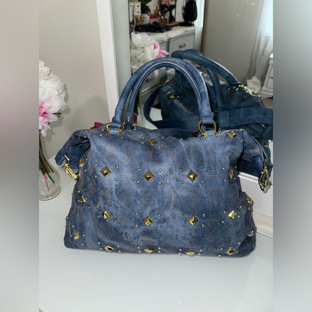 Steve Madden Blue and Gold Shoulder Bag with Studded Design